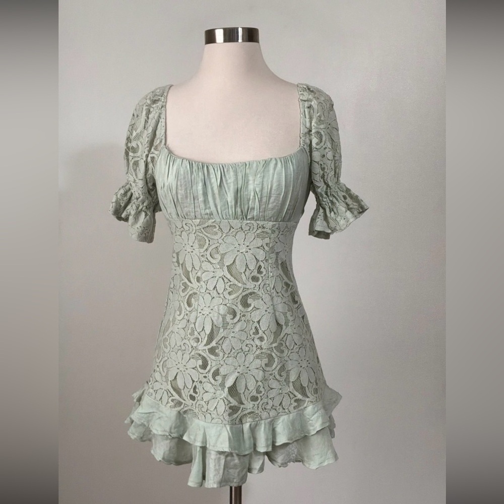 Angel Biba Sage Lace Corset Milkmaid Mini Dress Puff Sleeve Coquette Cottagecore - Picture 8 of 8